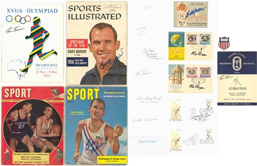 Lot of (18) 1956 Olympics Memorabilia: Magazines, Program, Pin, Ticket Stub, Signed Cachets (Beckett)